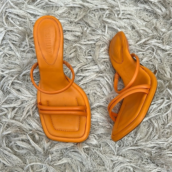 NWOB Schutz Agatha Leather Square Toe High Heel Sandals in Bright Tangerine Sz 6 - Picture 4 of 10